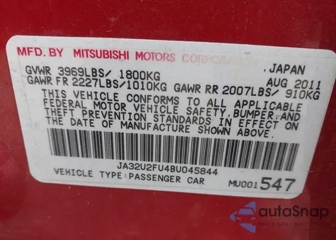 2011 Mitsubishi Lancer Es/Es Sport from USA, damaged, VIN JA32U2FU4BU045844